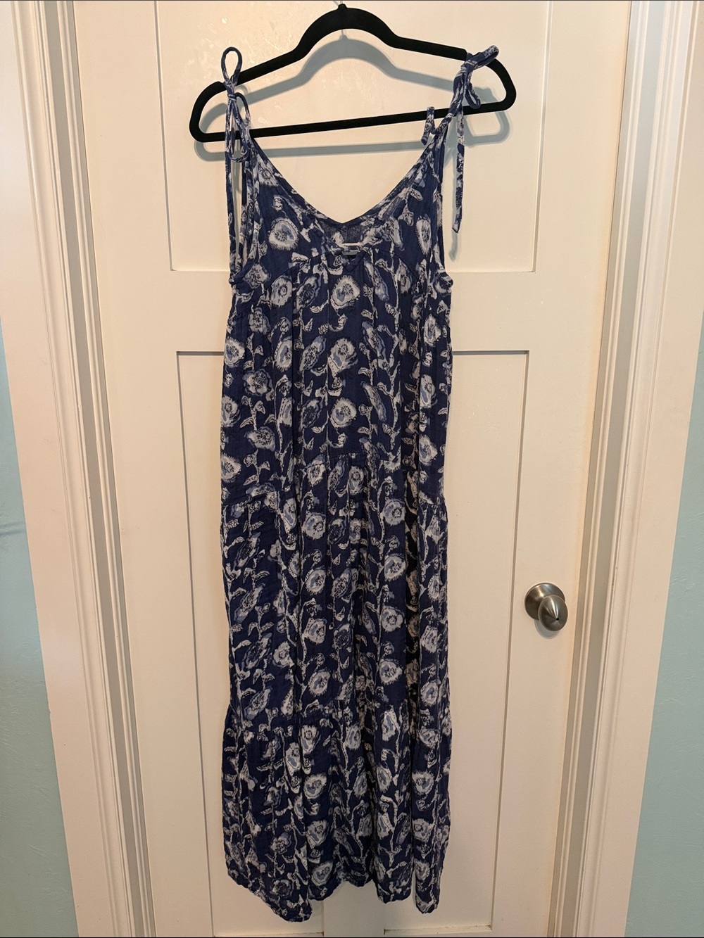 NATURAL LIFE 100% Cotton Navy and White Floral Tie-Shoulder Maxi Dress Size M